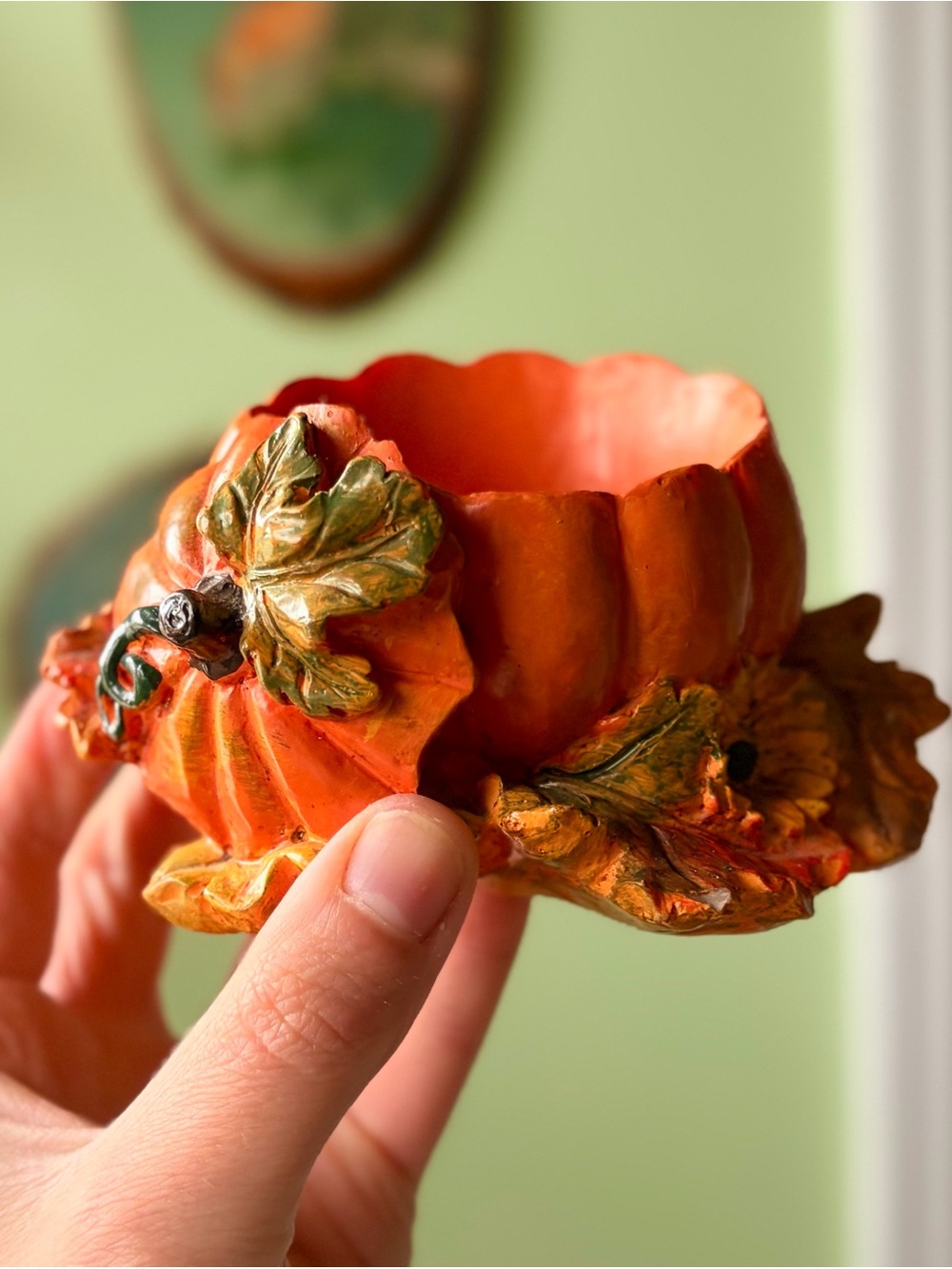 Pumpkin Seasonall Fall Tealight Holder Accent Orange & Floral Sunflowers